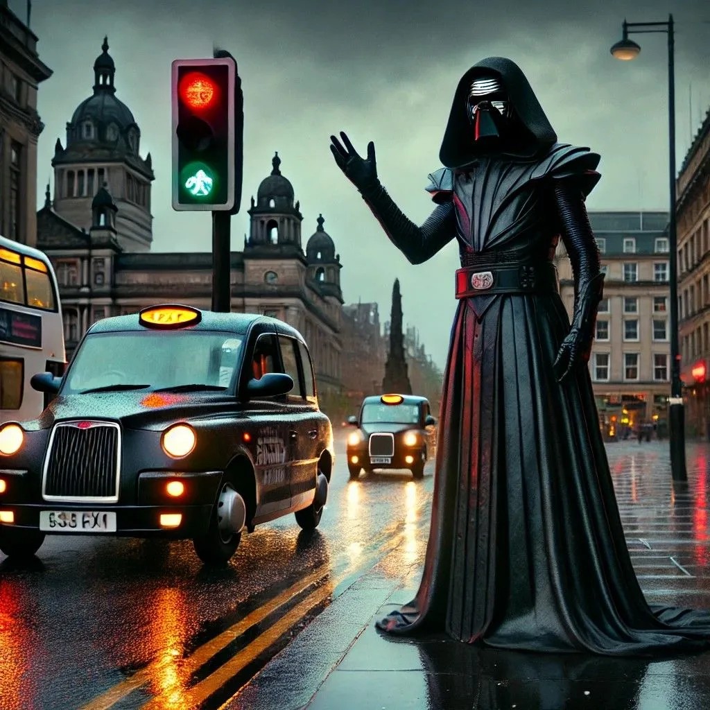 Nhân vật cao lớn, bí ẩn giống Chúa tể Sith đứng ở George Square, Glasgow do DALL-E tạo
