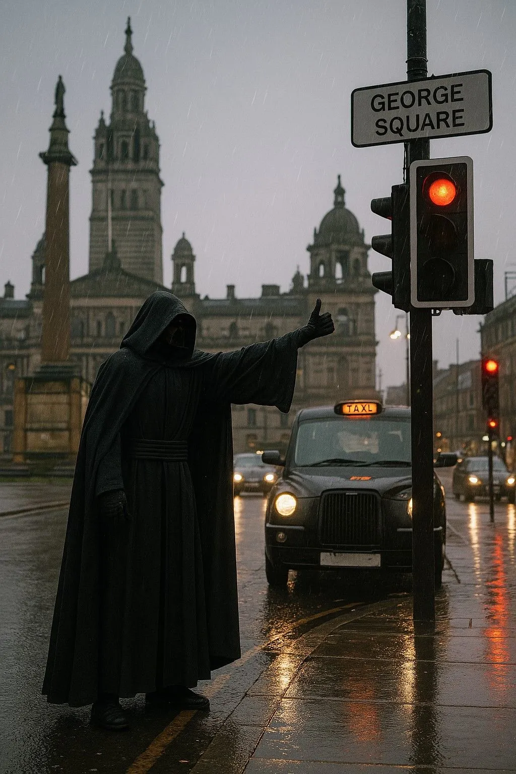Nhân vật cao lớn, bí ẩn giống Chúa tể Sith đứng ở Glasgow do ChatGPT 4o tạo