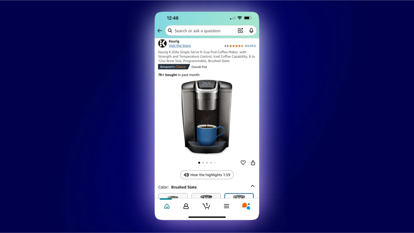 Nút Hear the highlights trên ứng dụng Amazon hiển thị tóm tắt âm thanh sản phẩm