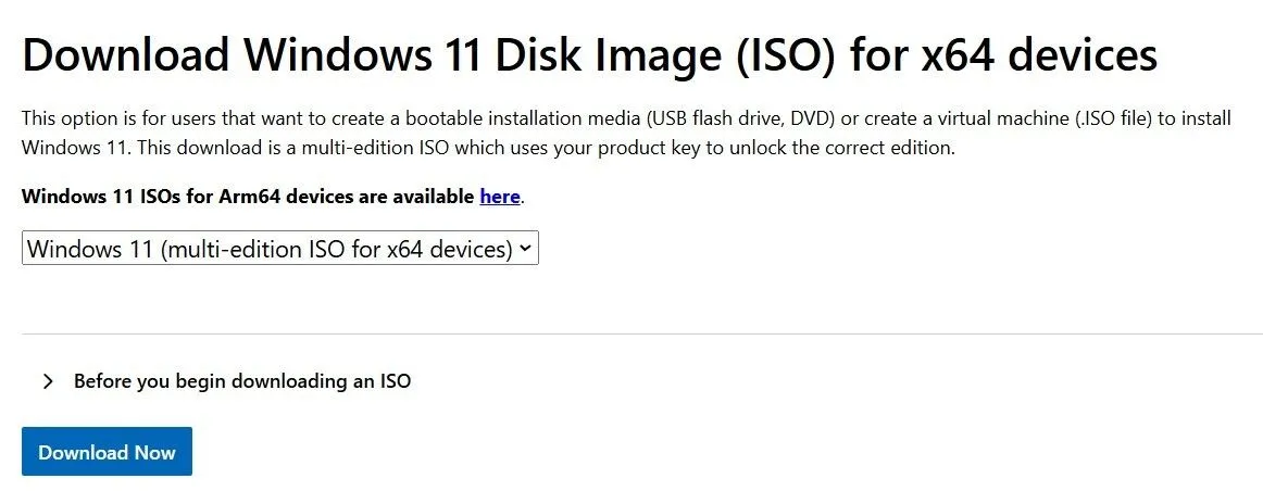 Nút tải xuống file ISO Windows 11 trên trang web Microsoft