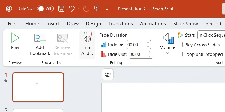 Nút "Trim Audio" (Cắt âm thanh) trong phần Chỉnh sửa của tab Phát lại trên PowerPoint, dùng để cắt bỏ phần không mong muốn.