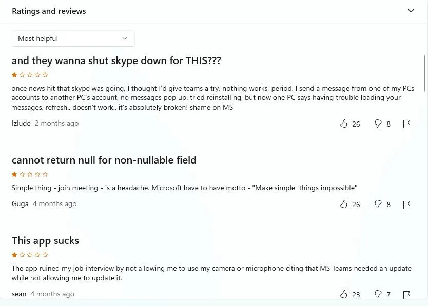 Phần bình luận tiêu cực của người dùng về Microsoft Teams trên Microsoft Store
