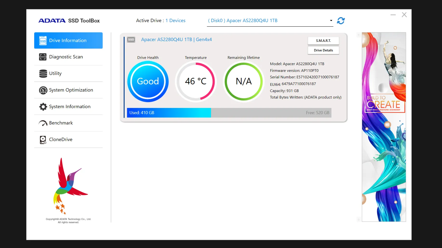 Phần mềm ADATA SSD Toolbox minh họa cách kiểm tra tình trạng sức khỏe và TBW của ổ SSD NVMe