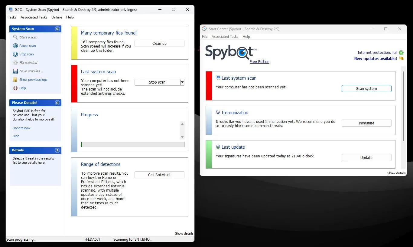 Phần mềm Spybot – Search &amp; Destroy đang quét máy tính Windows để tìm và loại bỏ spyware.