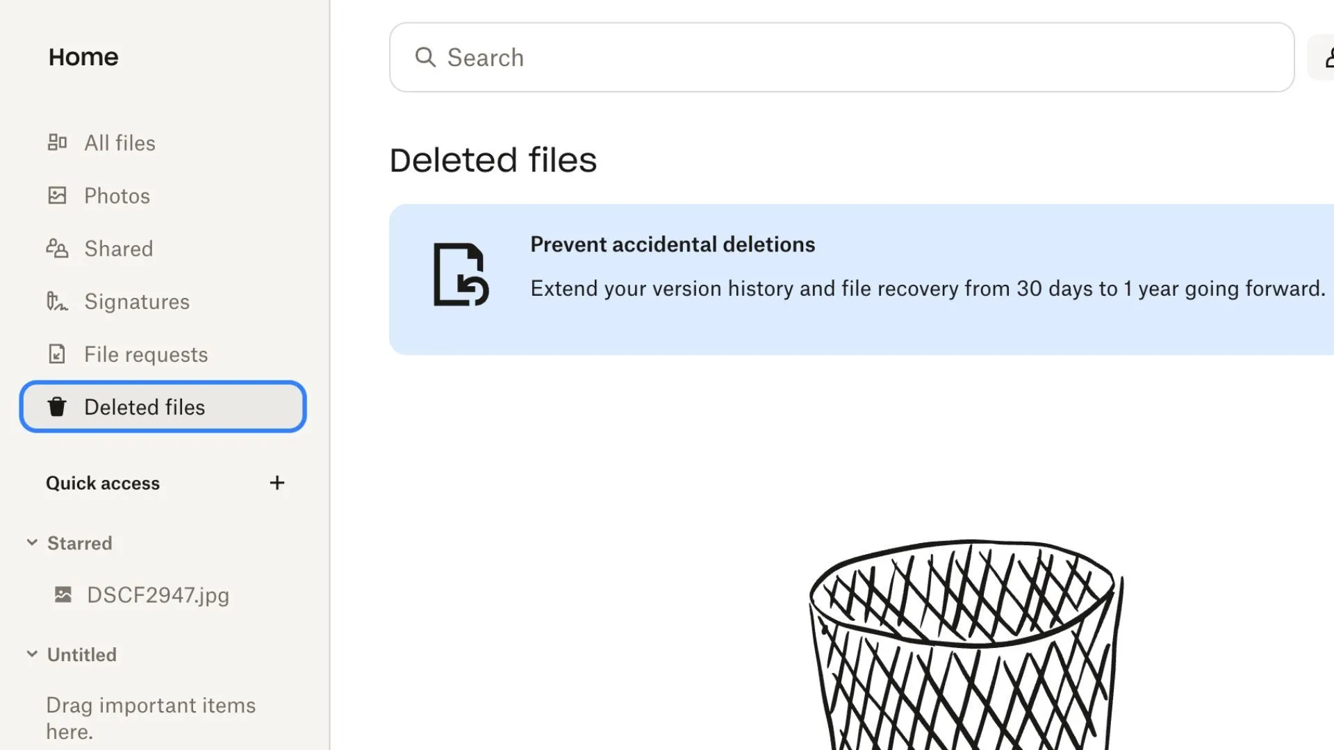 Phần tệp đã xóa trong Dropbox, cho thấy tùy chọn khôi phục dữ liệu giới hạn của tài khoản miễn phí