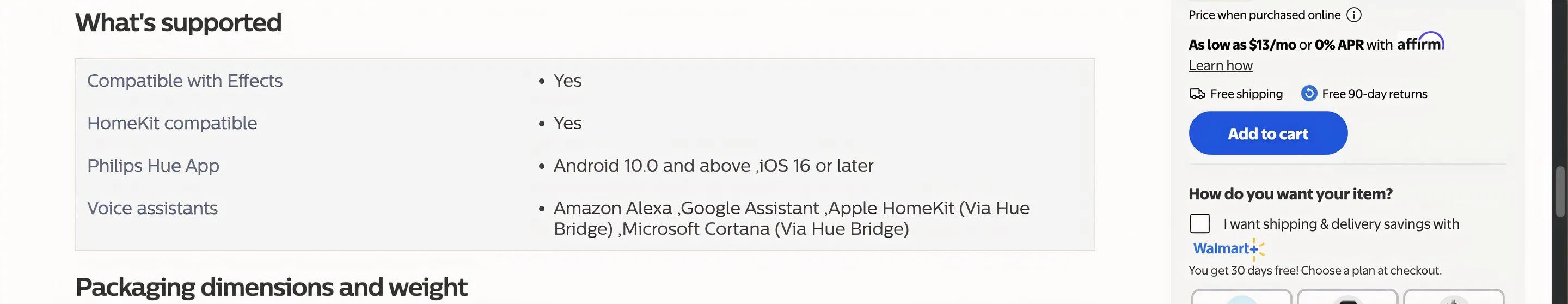 Phần thiết bị hỗ trợ trên trang Walmart, gợi ý về khả năng tương thích với Alexa và Google Assistant