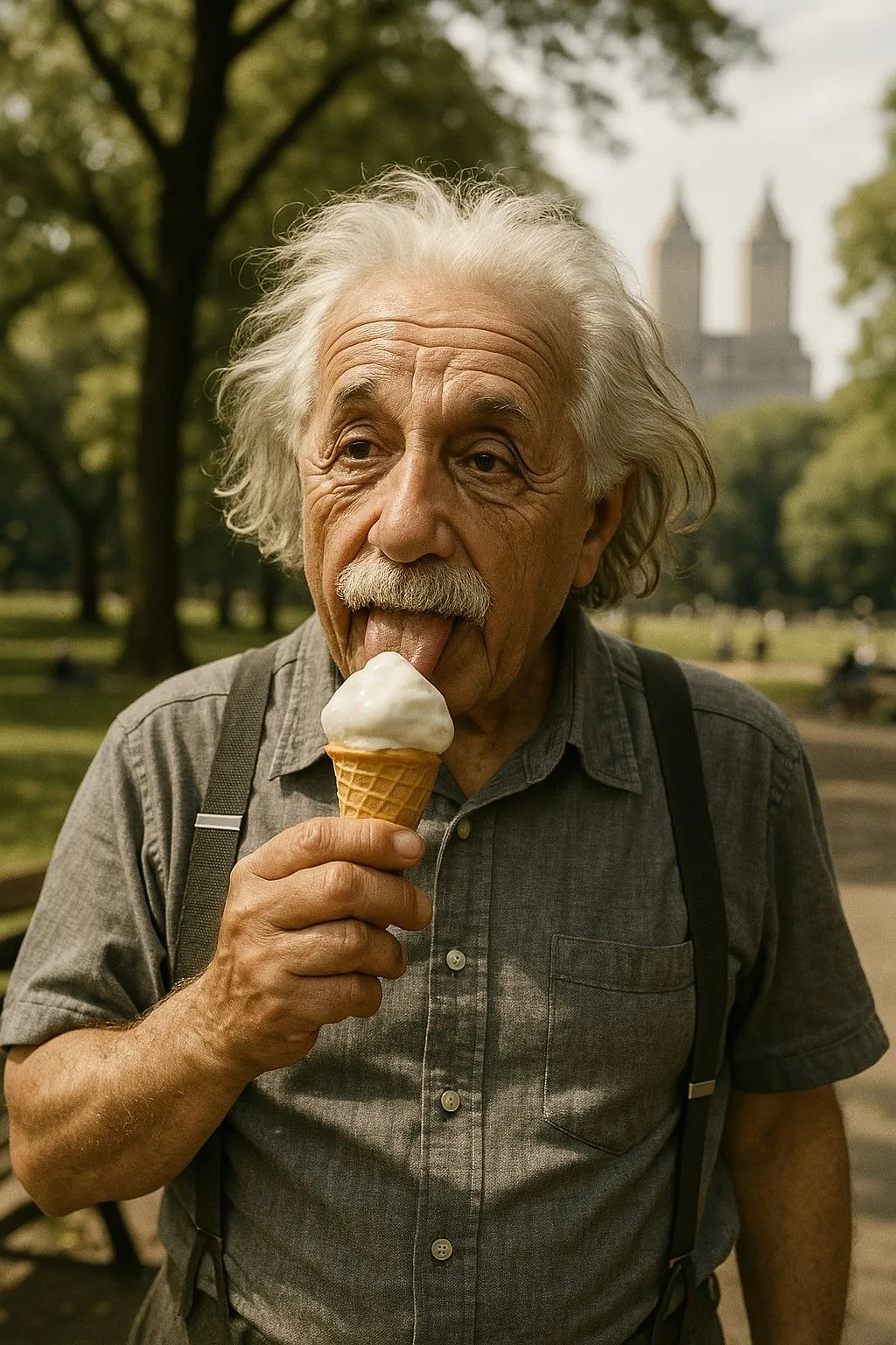 Phiên bản GPT-4o của hình ảnh Einstein ăn kem tại Central Park, cho thấy sự cải tiến về chi tiết