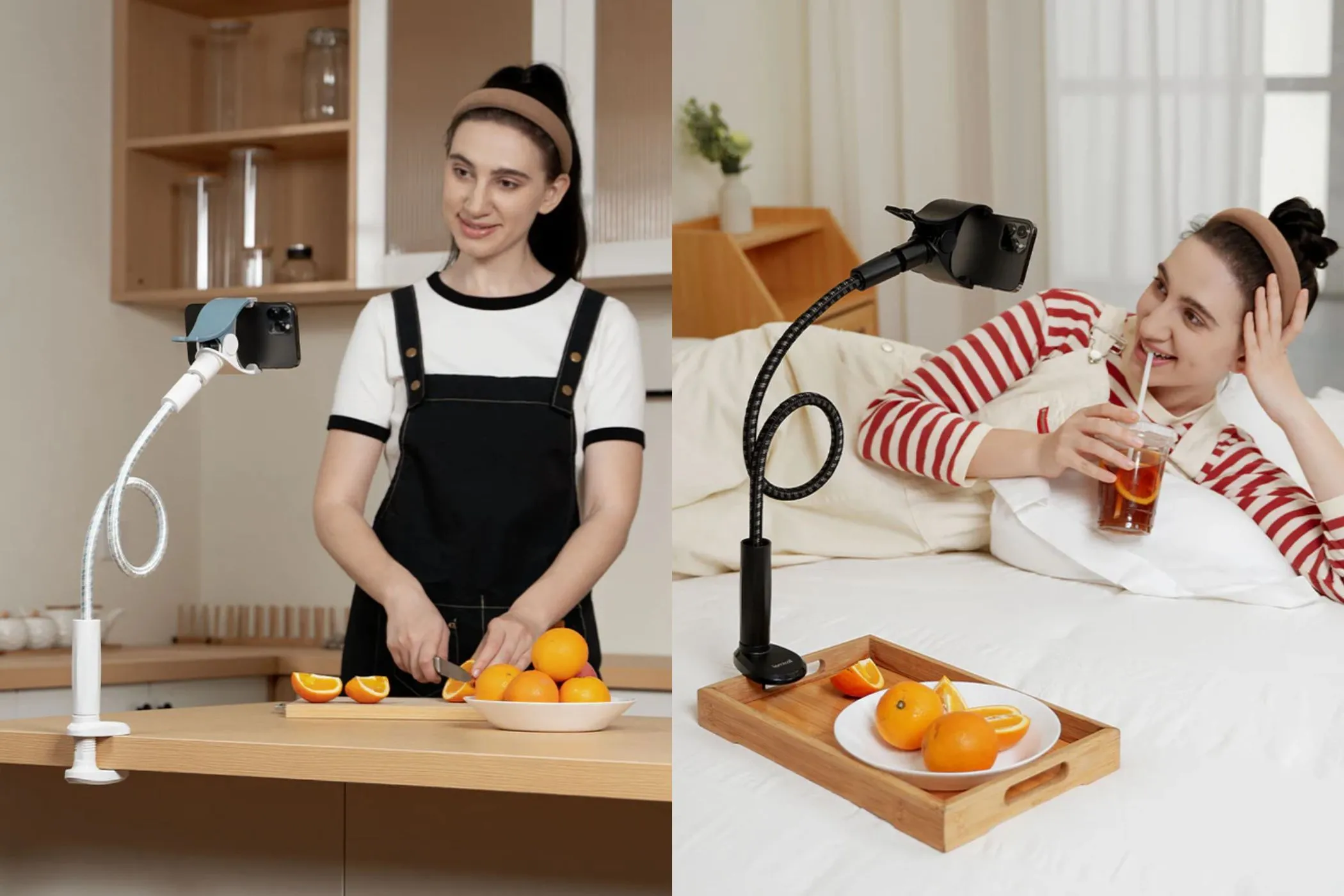 Phụ nữ sử dụng giá đỡ điện thoại cổ ngỗng Lamicall khi nấu ăn và thư giãn, minh họa sự tiện lợi của phụ kiện rảnh tay cho smartphone