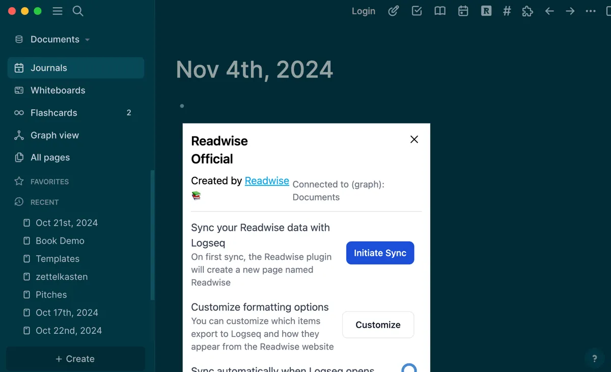 Plugin Readwise tích hợp trong giao diện Logseq, hỗ trợ đồng bộ hóa các đoạn highlight