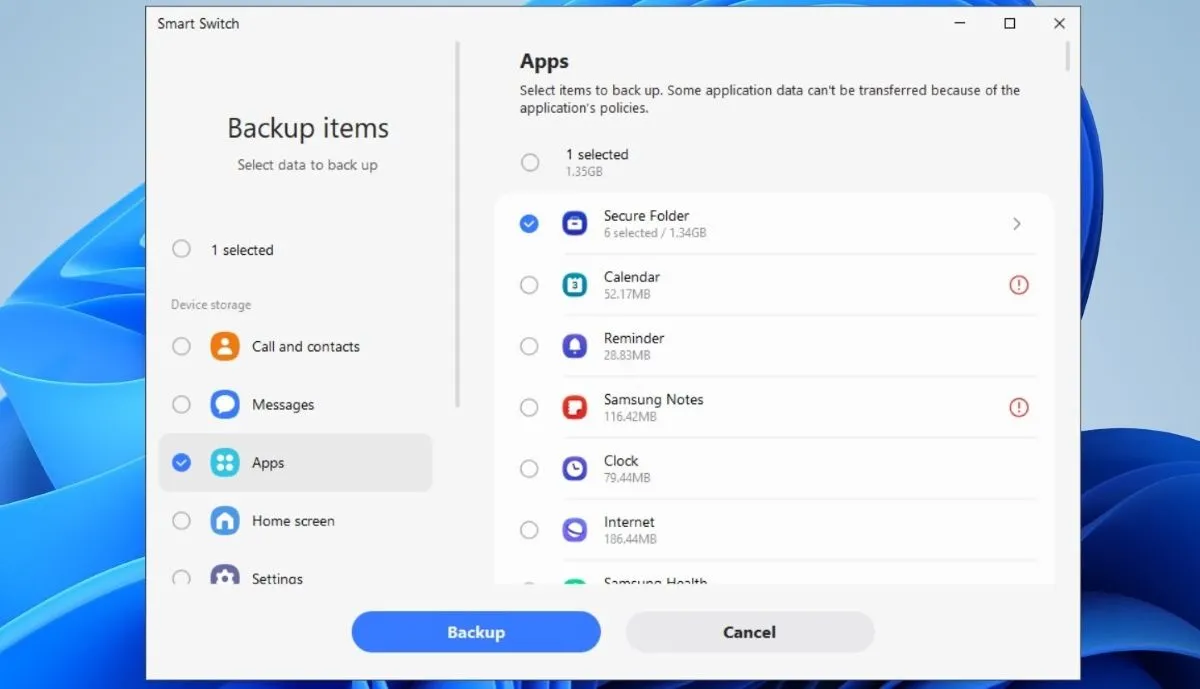 Quá trình sao lưu dữ liệu Secure Folder từ điện thoại Samsung sang máy tính bằng ứng dụng Smart Switch PC.