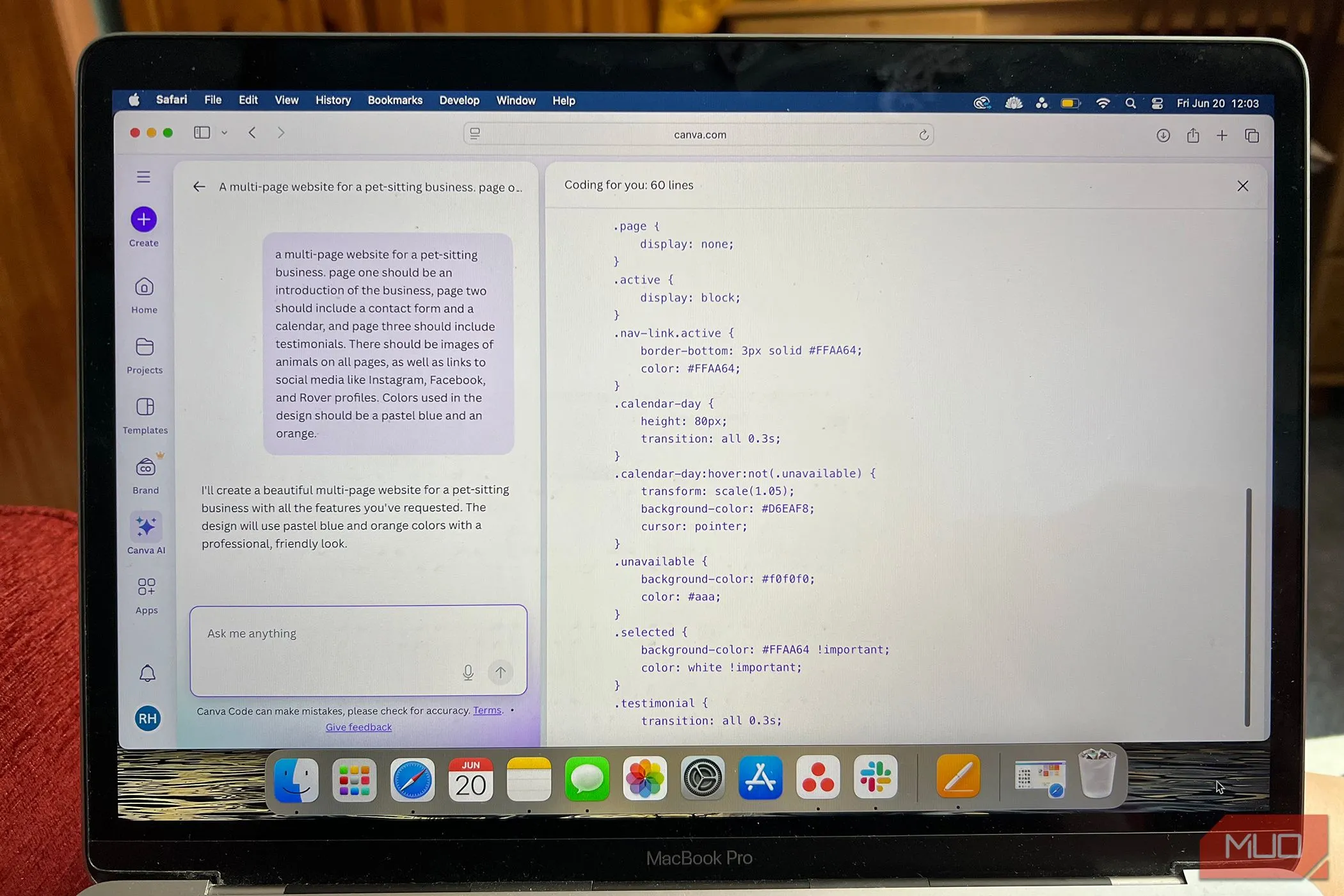 Quá trình tạo website tự động bằng Canva Codes, với màn hình hiển thị đồng thời mã nguồn và giao diện web đang được AI tạo ra