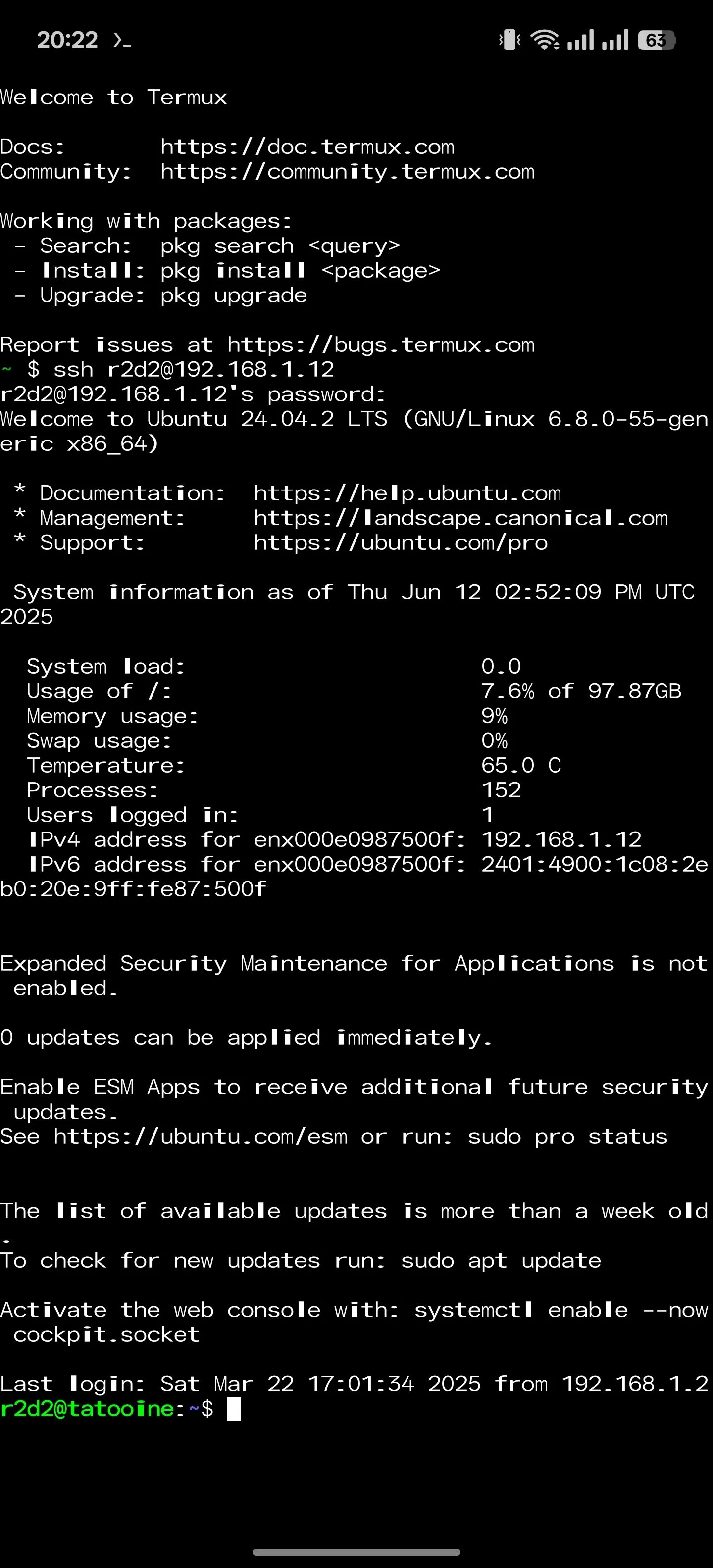 Quản lý máy chủ tại nhà bằng ứng dụng Termux trên Android, thể hiện khả năng truy cập từ xa.