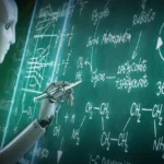 Robot đang giải các bài toán phức tạp trên bảng xanh, minh họa quá trình suy luận từng bước của AI