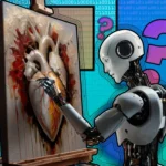 Robot đang vẽ bức tranh trái tim con người với những dấu hỏi xung quanh