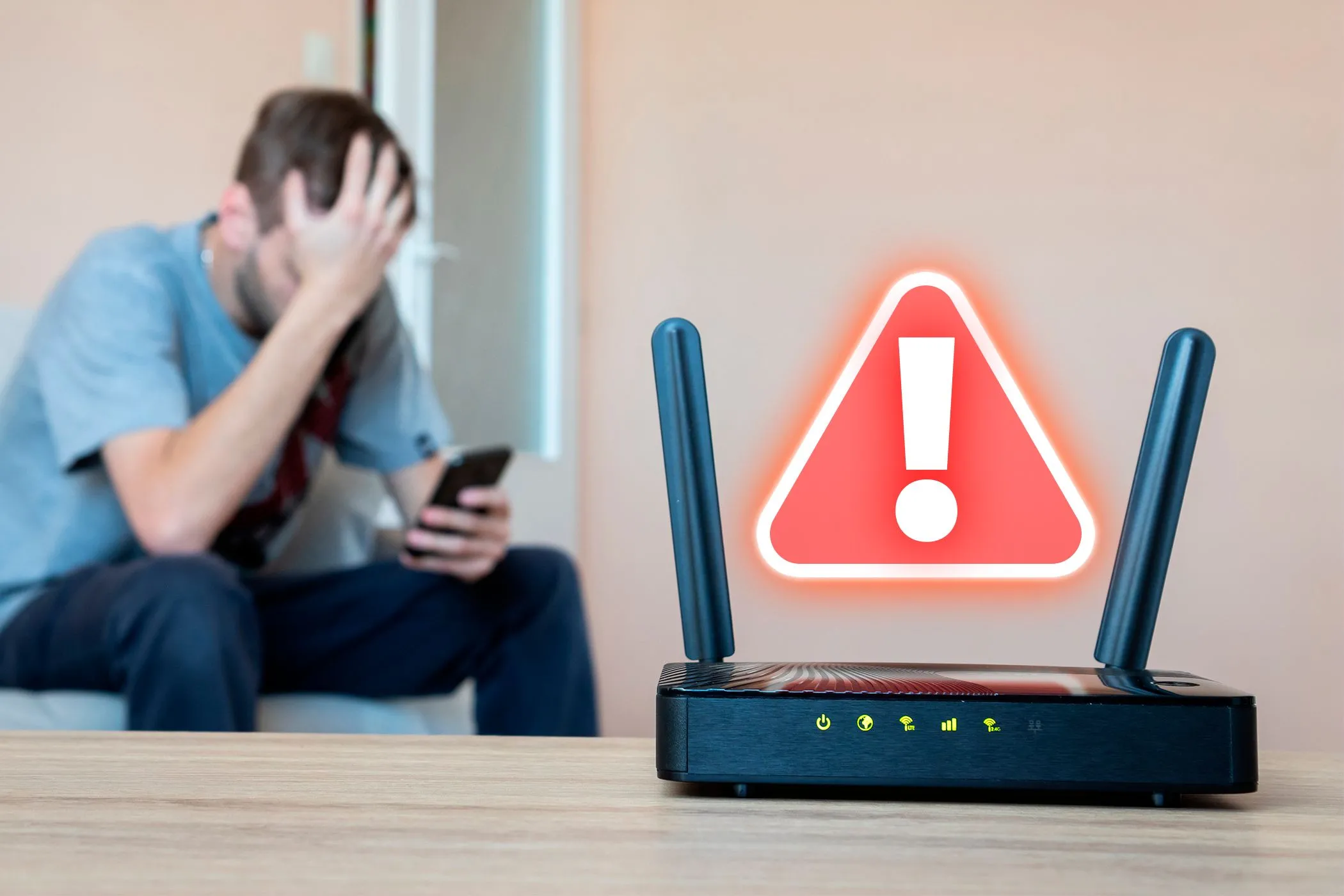 Router Wi-Fi hiển thị lỗi, minh họa các vấn đề kết nối không dây mà Ethernet có thể khắc phục.