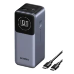 Sạc dự phòng Ugreen Nexode 12000mAh màu xám bạc, hiển thị thiết kế nhỏ gọn và cổng kết nối.