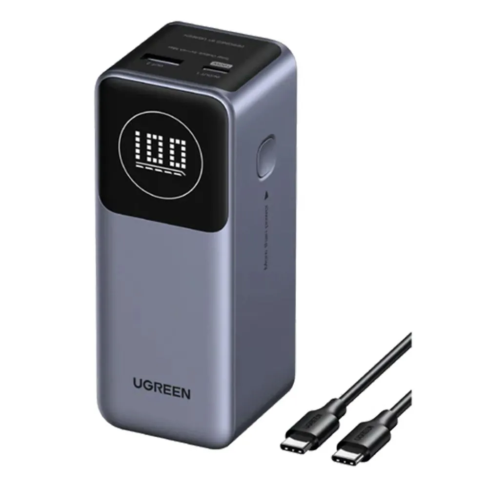 Sạc dự phòng Ugreen Nexode 12000mAh màu xám bạc, hiển thị thiết kế nhỏ gọn và cổng kết nối.