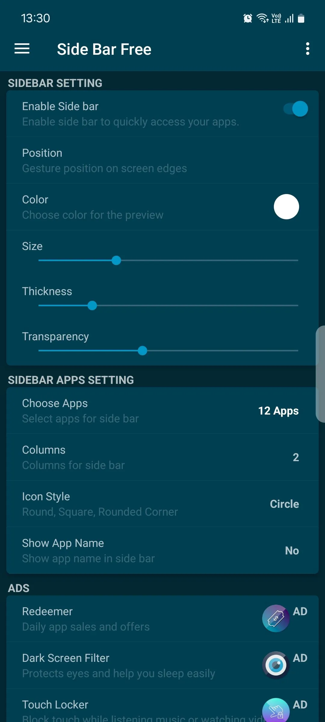 Side Bar hiển thị giao diện tùy chỉnh cho phép người dùng điều chỉnh màu sắc, kích thước và vị trí của thanh bên