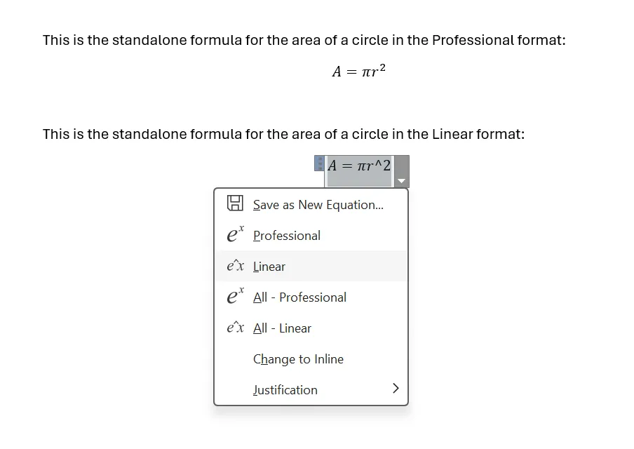 So sánh định dạng Professional và Linear của phương trình trong Word