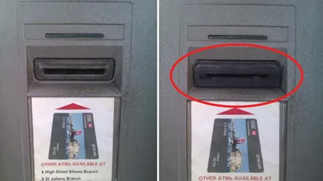 So sánh hình ảnh cây ATM có gắn thiết bị skimming và ATM an toàn không bị can thiệp