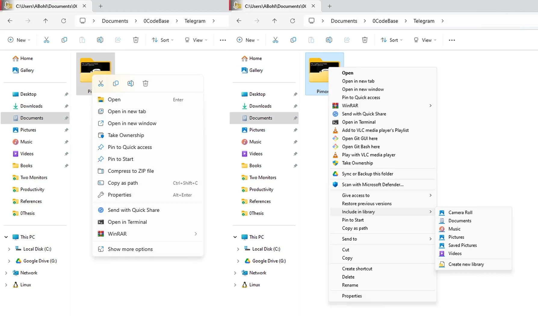 So sánh menu ngữ cảnh chuột phải của Windows 11 và menu cổ điển của Windows 10 đặt cạnh nhau