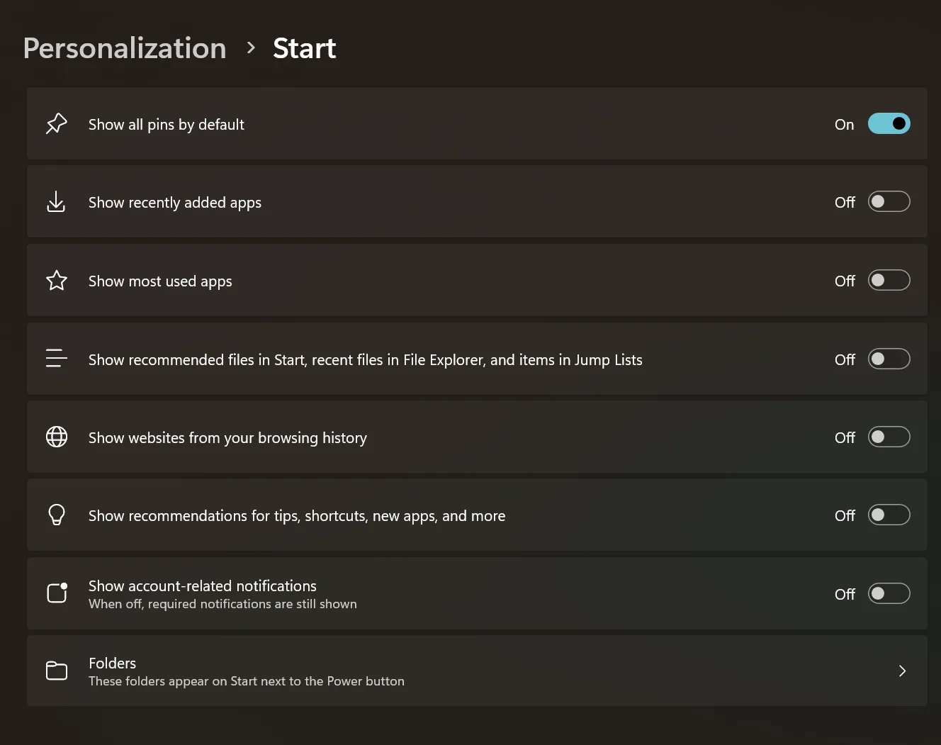 Start Menu Windows 11 với giao diện cải tiến mới, cho phép tùy chỉnh bỏ mục đề xuất.
