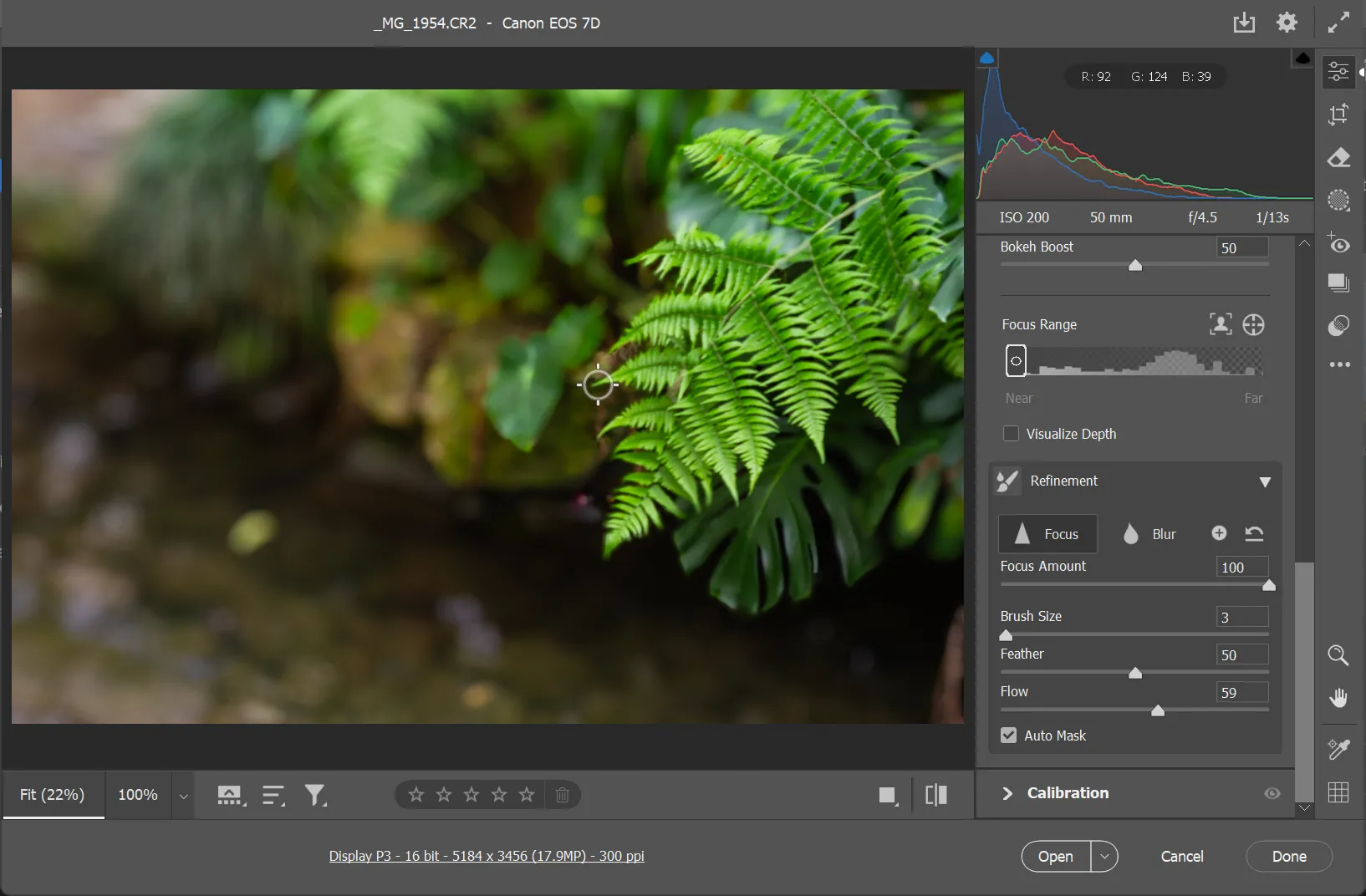 Sử dụng công cụ cọ tinh chỉnh Refinement để điều chỉnh hiệu ứng xóa phông Lens Blur