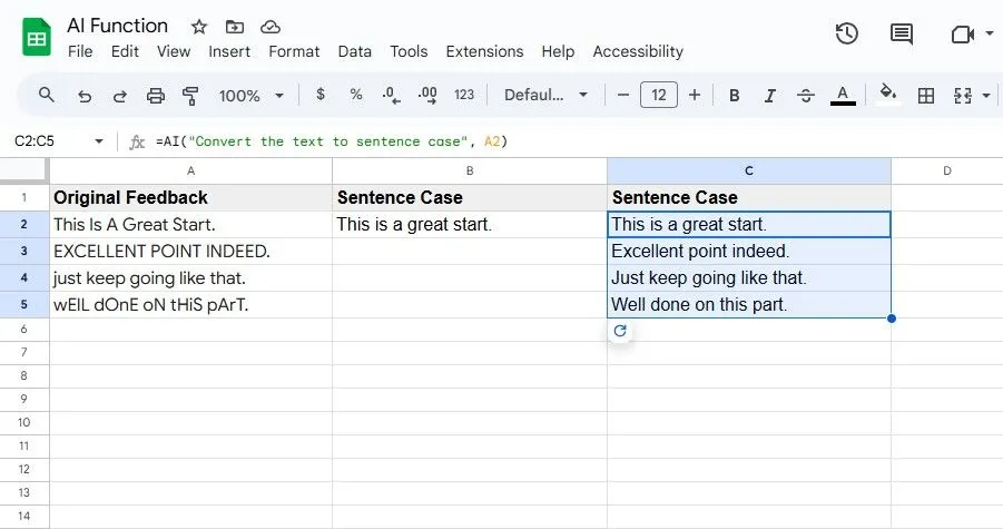 Sử dụng hàm AI() trong Google Sheets để nhanh chóng chuyển đổi nhiều ô sang định dạng Sentence Case