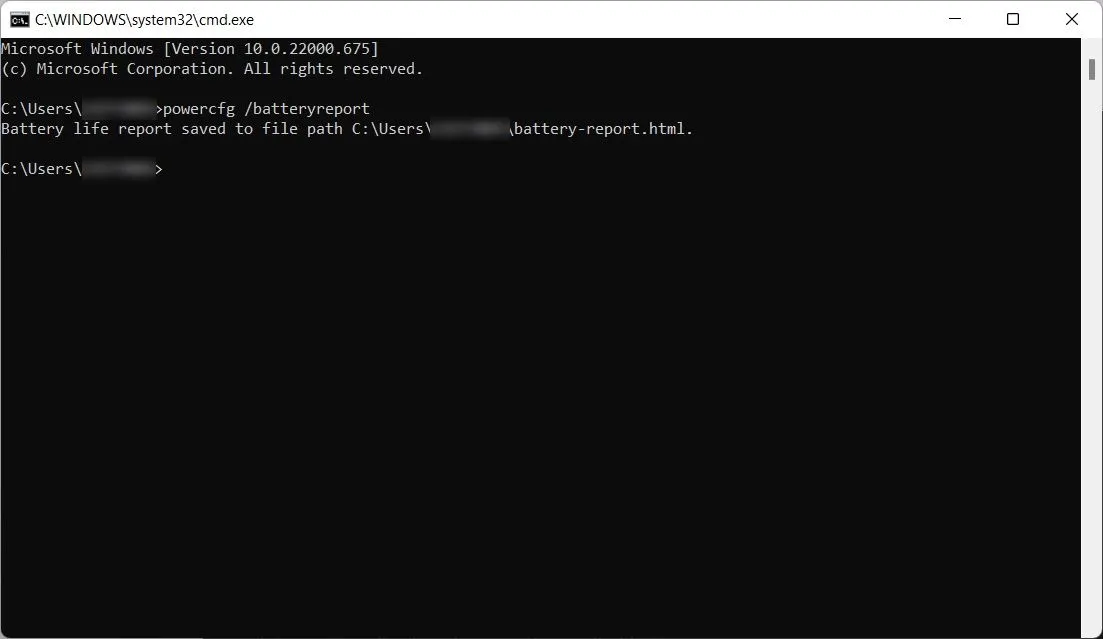 Sử dụng lệnh powercfg /batteryreport trong Command Prompt để tạo báo cáo sức khỏe pin laptop
