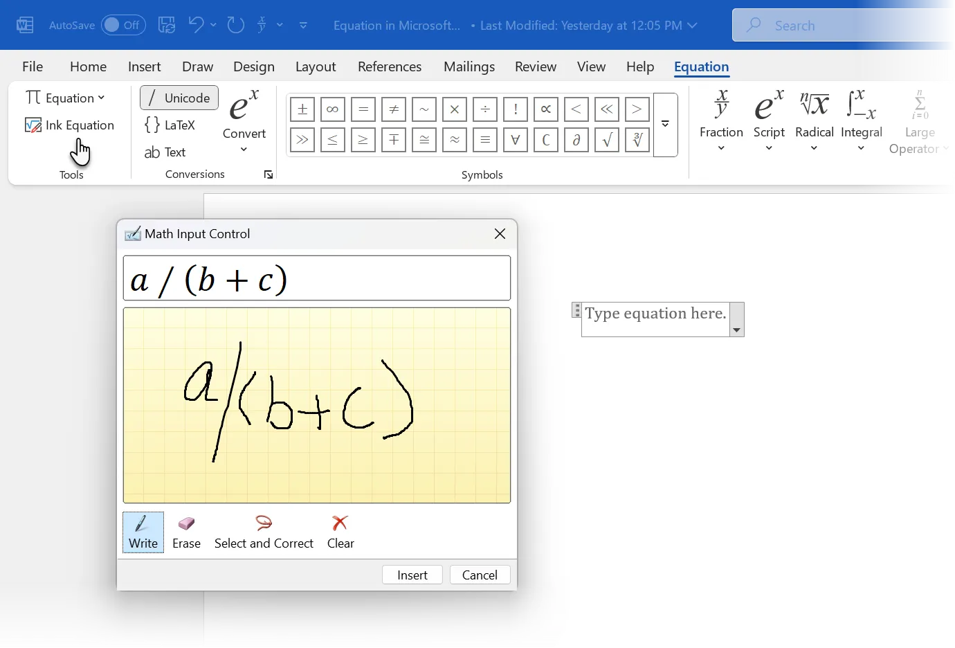 Sử dụng tính năng Ink Equation để viết phương trình bằng chữ viết tay trong Word