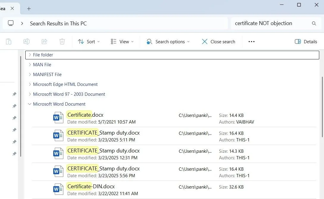 Sử dụng toán tử NOT để loại trừ từ khóa khi tìm kiếm trong File Explorer