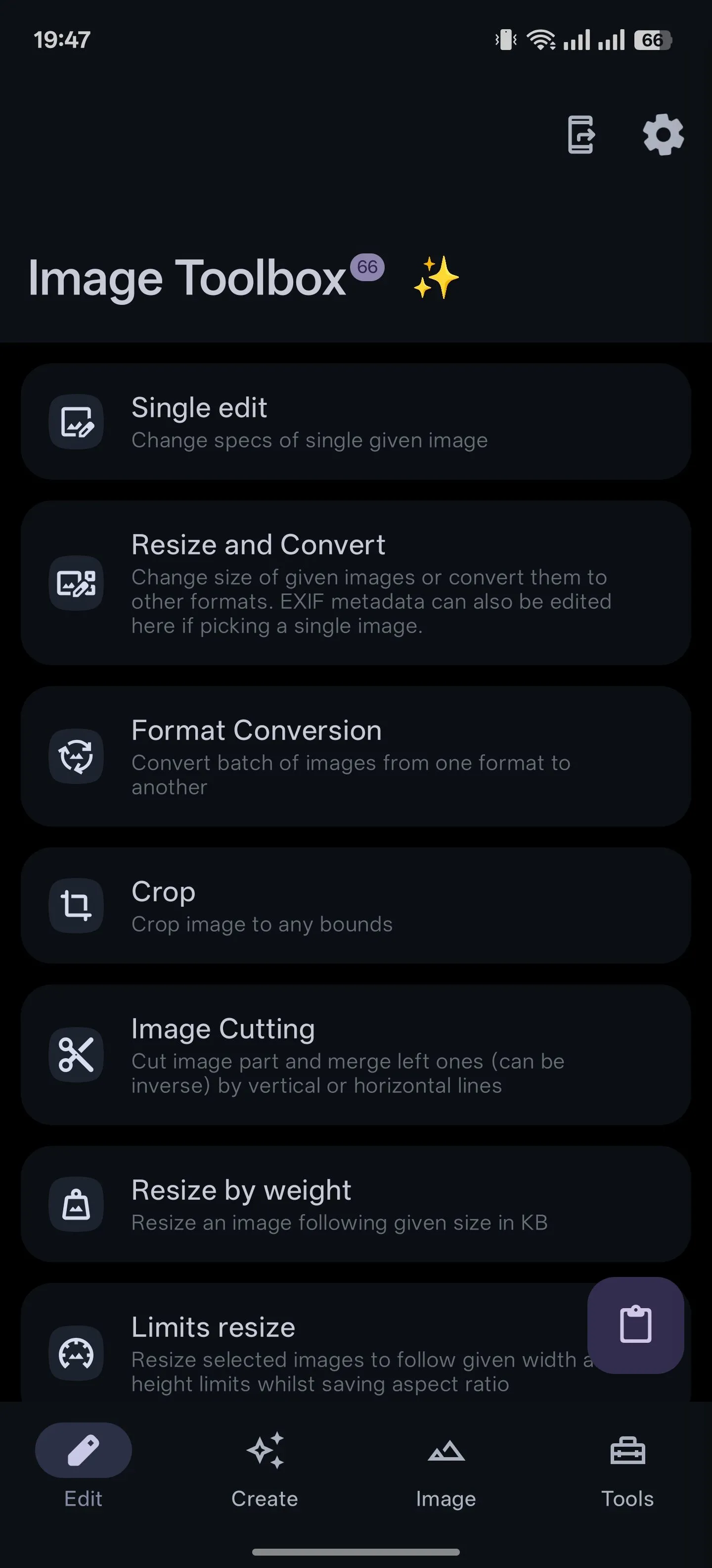 Tab Chỉnh sửa trong ứng dụng Image Toolbox trên Android, cung cấp nhiều công cụ chỉnh sửa ảnh khác nhau.