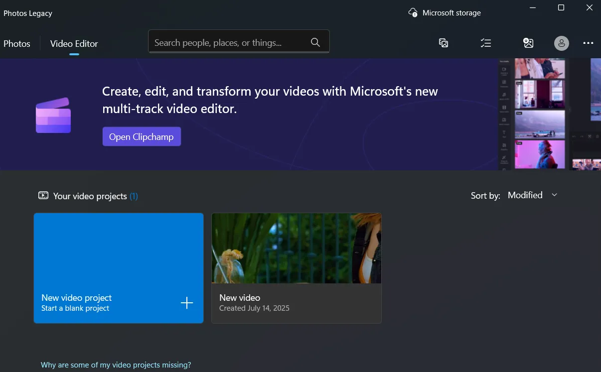 Tab chỉnh sửa video của ứng dụng Photos Legacy trên Windows, cung cấp các công cụ cơ bản để cắt ghép và thêm hiệu ứng cho clip.