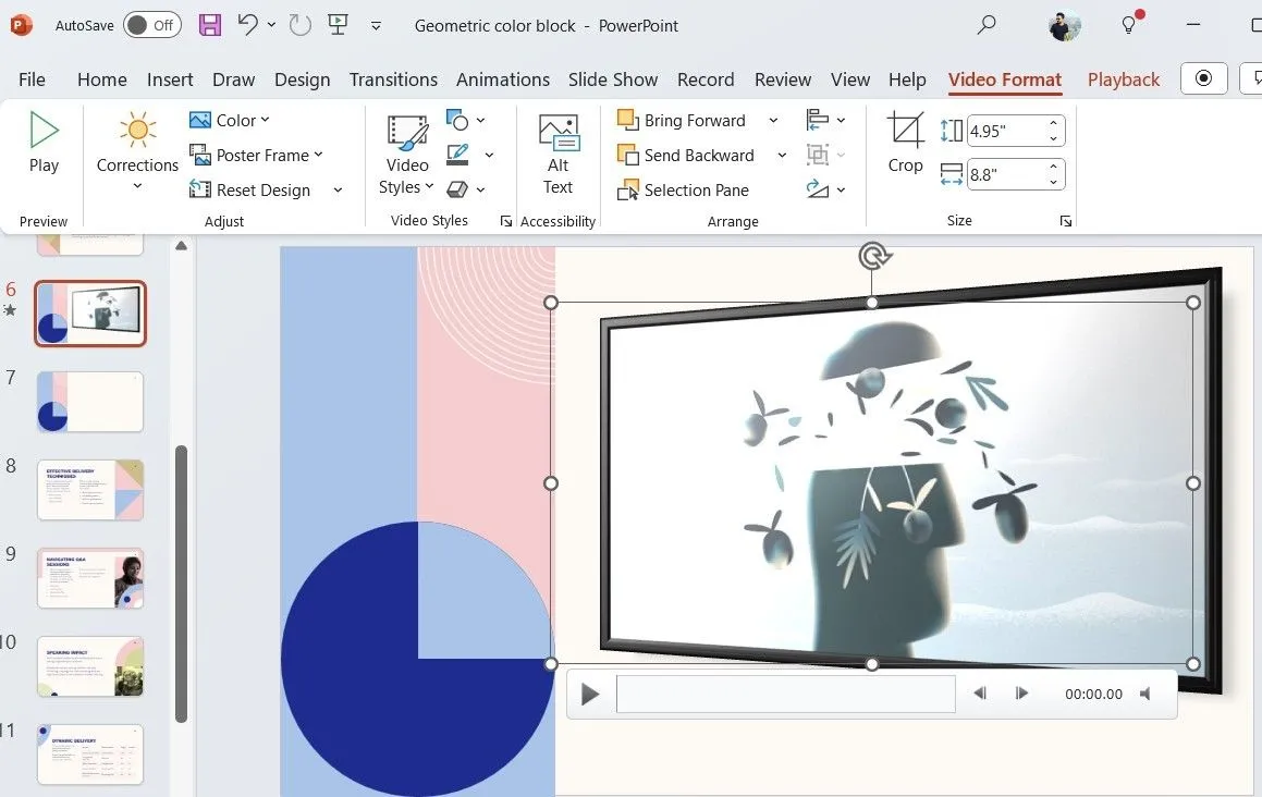Tab Định dạng Video trong PowerPoint chứa các tùy chọn áp dụng hiệu ứng và kiểu dáng cho video.