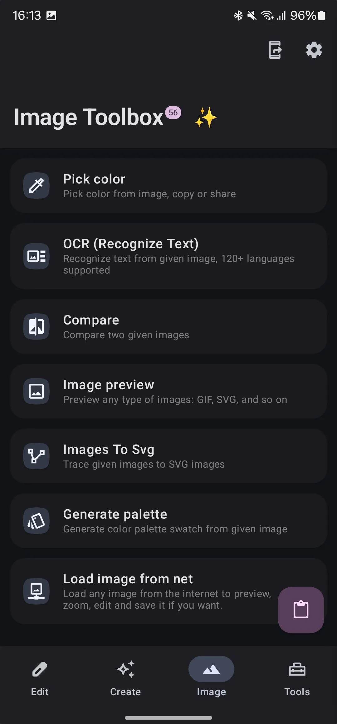 Tab hình ảnh của ứng dụng Image Toolbox, cung cấp các công cụ quản lý và chuyển đổi định dạng