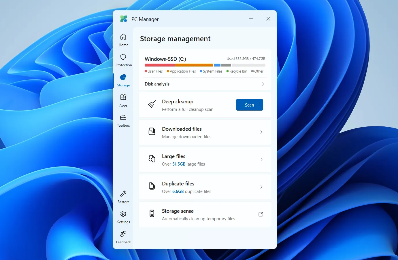 Tab quản lý bộ nhớ (Storage) trong Microsoft PC Manager, hiển thị các công cụ dọn dẹp và tìm kiếm file trùng lặp