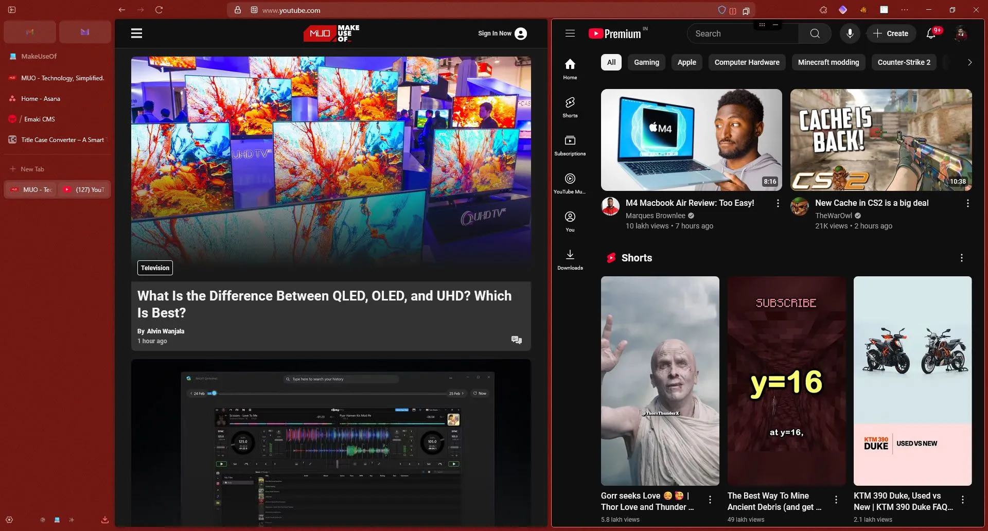 Tab trình duyệt chia đôi màn hình trong Zen Browser hiển thị thanh tab dọc
