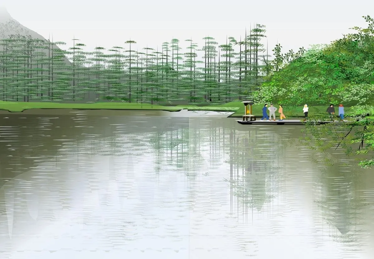 Tác phẩm nghệ thuật phong cảnh đền Myojin với cây cối được tạo hoàn toàn bằng các hình khối trong Microsoft Excel của nghệ sĩ Tatsuo Horiuchi