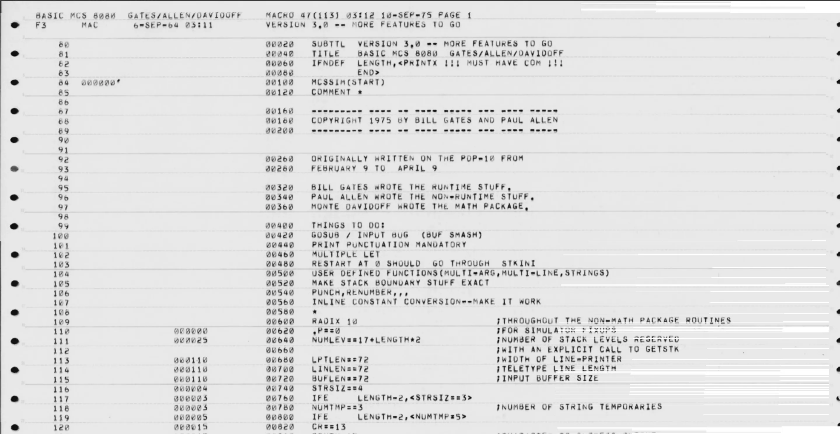 Tài liệu mã nguồn Altair BASIC do Bill Gates chia sẻ trên blog Gates Notes
