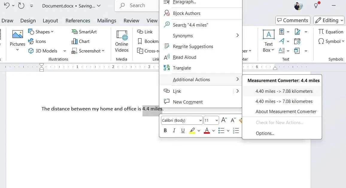 Tài liệu Word hiển thị quá trình chuyển đổi đơn vị dặm sang kilômét