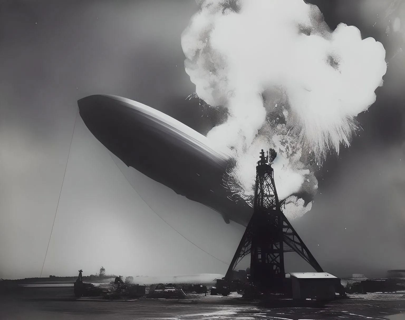 Tái tạo thảm họa Hindenburg bằng AI Fotor qua image-to-image, hình ảnh quá giống gốc và chỉ thay đổi phong cách vẽ (watercolor/pastel).