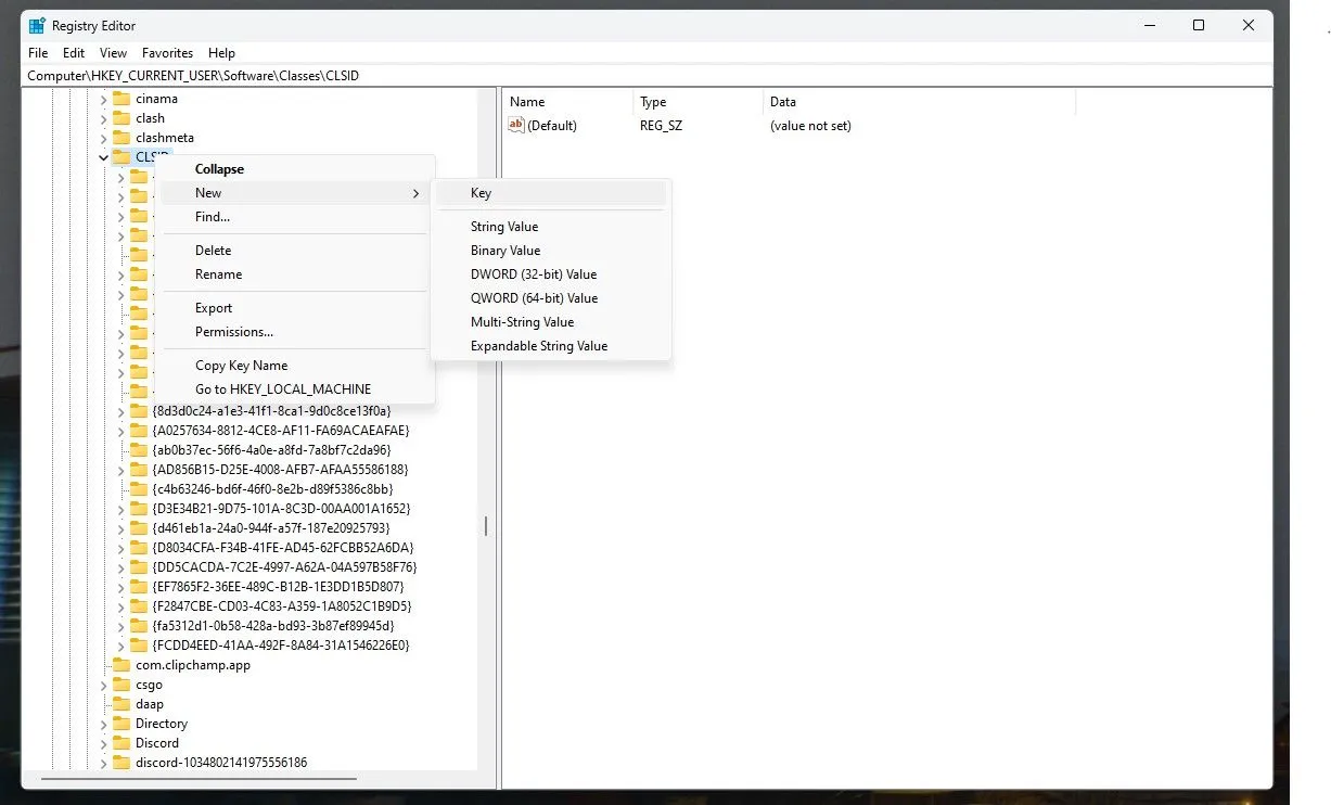 Tạo khóa con mới {86ca1aa0-34aa-4e8b-a509-50c905bae2a2} trong Registry Editor để khôi phục menu chuột phải Windows 11