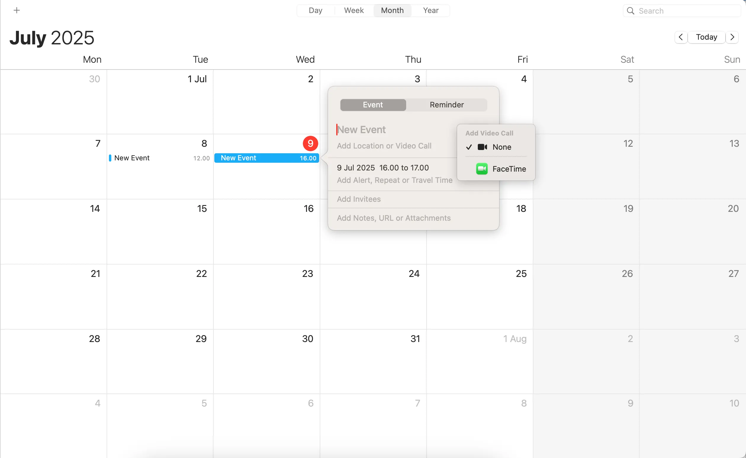 Tạo sự kiện với tùy chọn FaceTime trong ứng dụng Apple Calendar