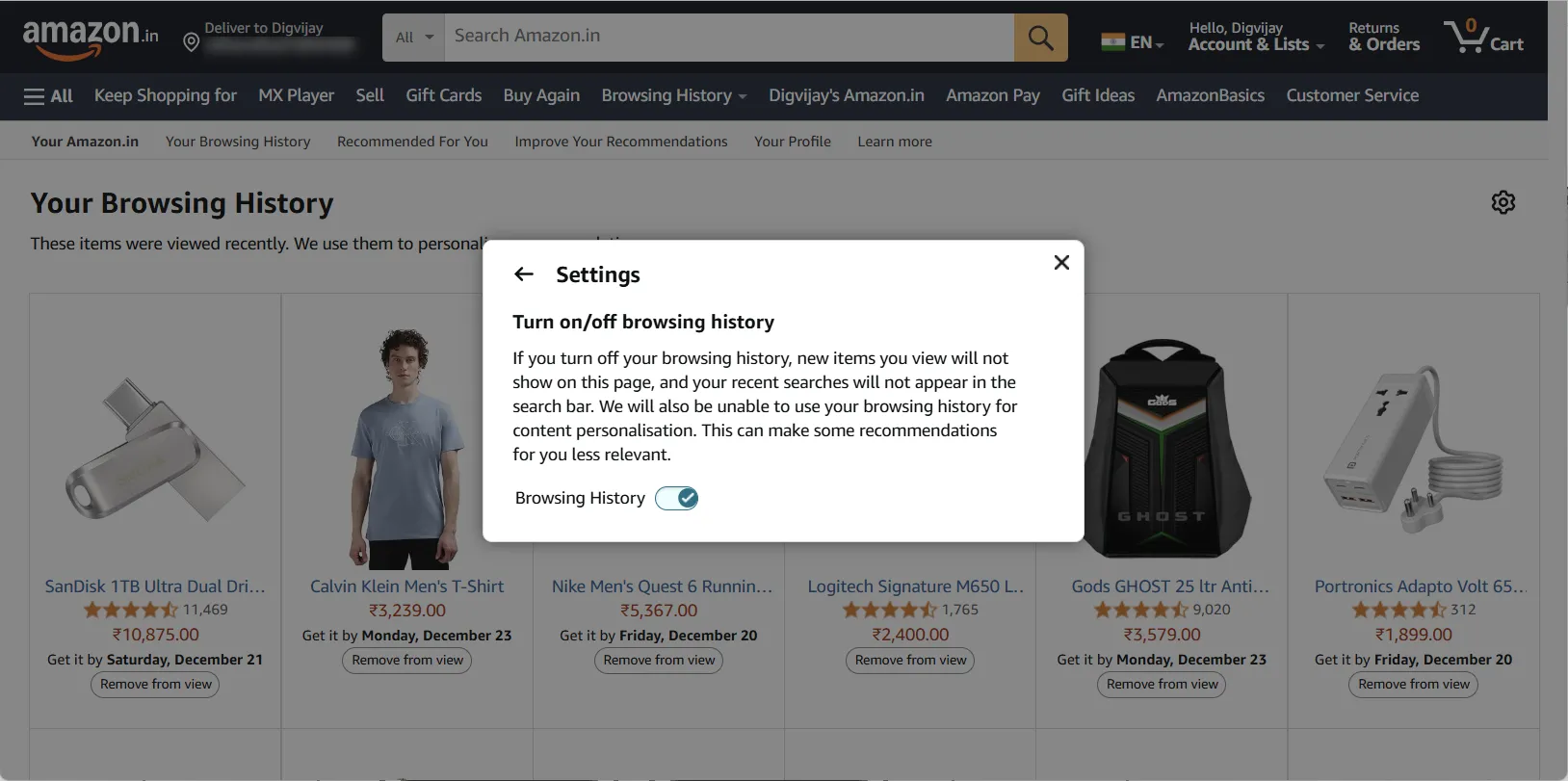 Tắt tính năng theo dõi lịch sử duyệt web của bạn trên Amazon để bảo vệ quyền riêng tư