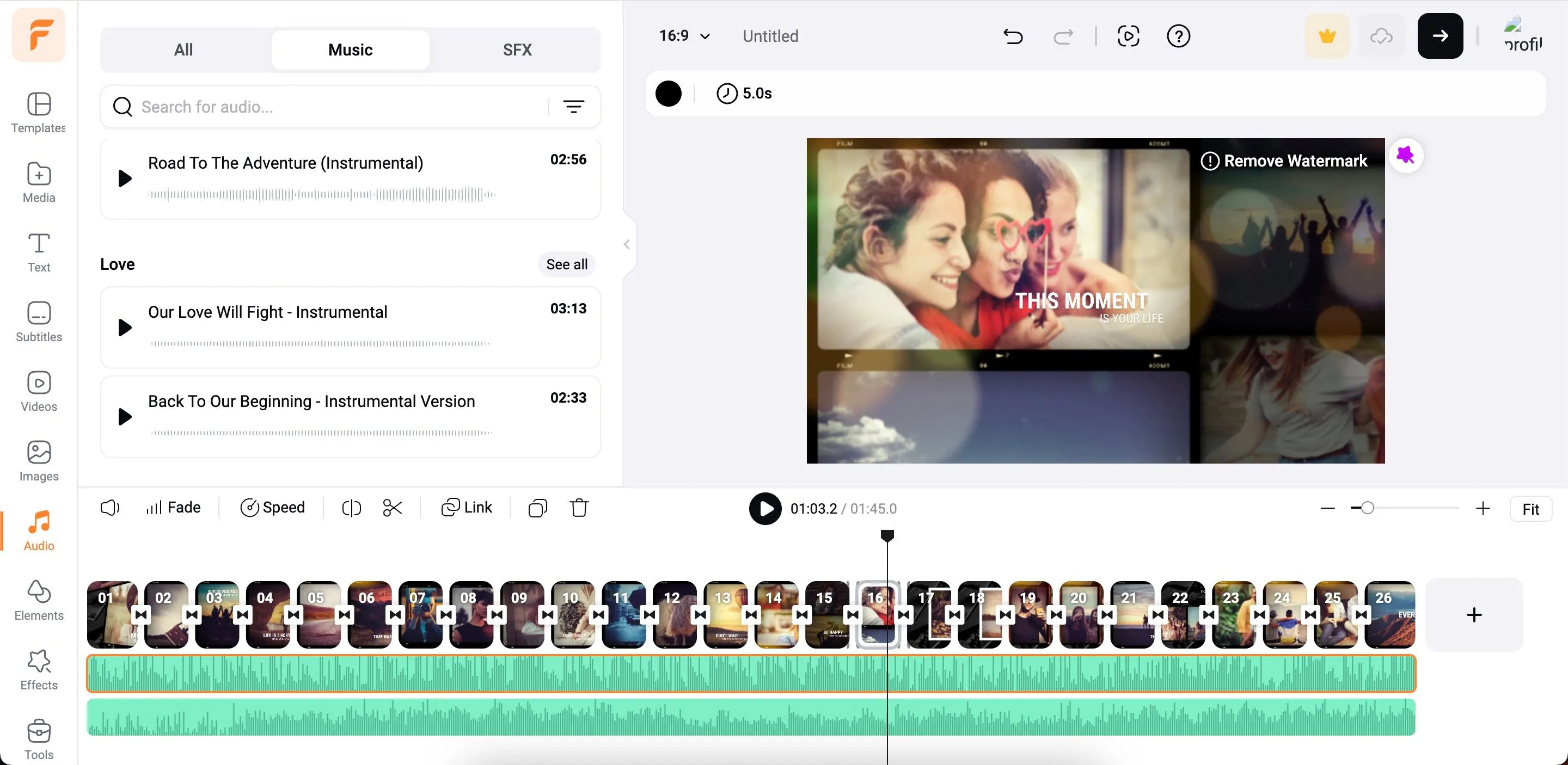Thanh công cụ thêm nhạc trên ứng dụng chỉnh sửa video FlexClip, hiển thị thư viện nhạc sẵn có