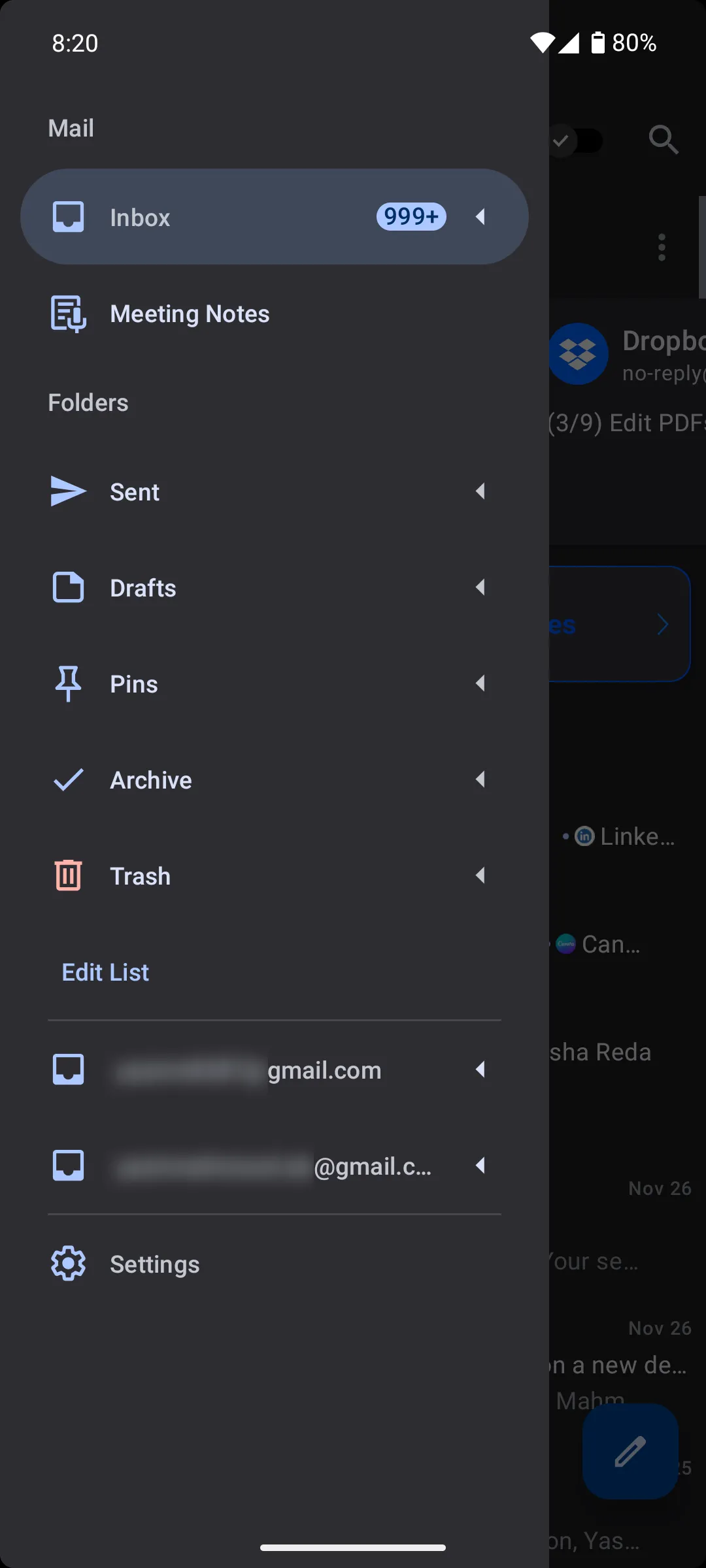 Thanh điều hướng bên trong ứng dụng Spark Mail trên Android hiển thị các thư mục email chính