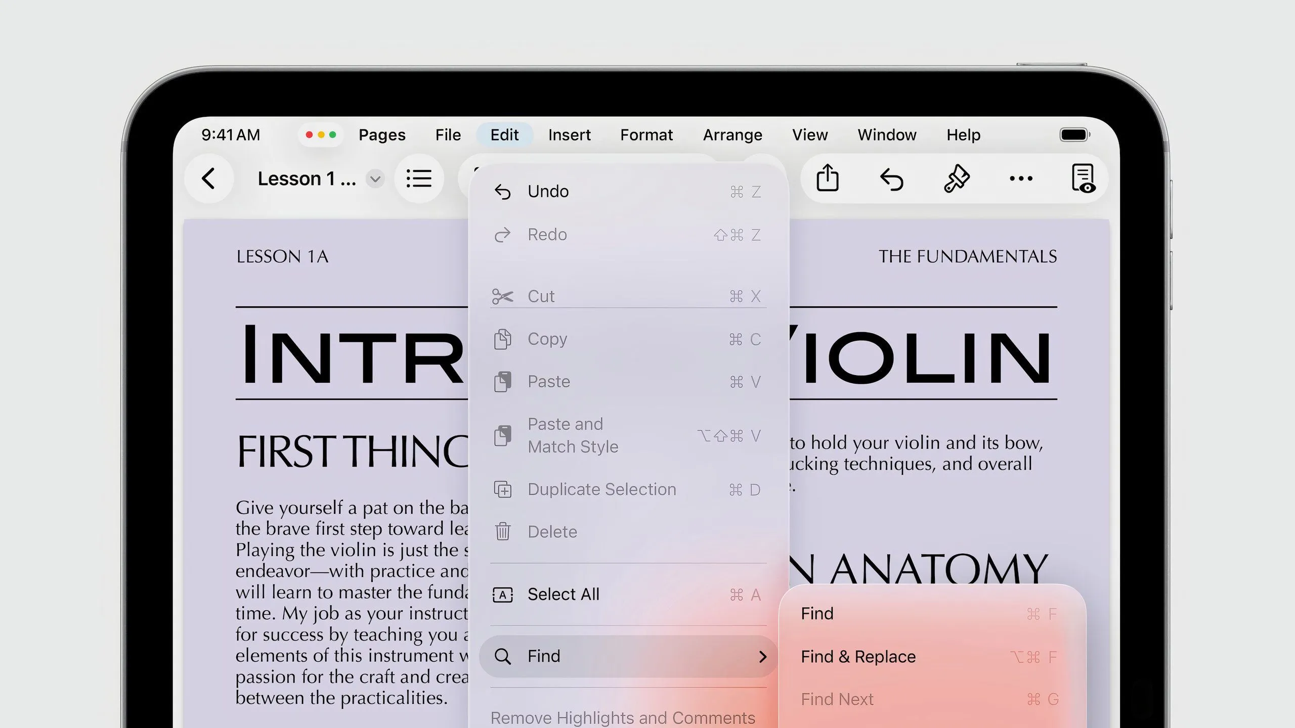 Thanh Menu Bar mới trên iPadOS 26, hiển thị các tùy chọn chỉnh sửa và định dạng quen thuộc như trên macOS