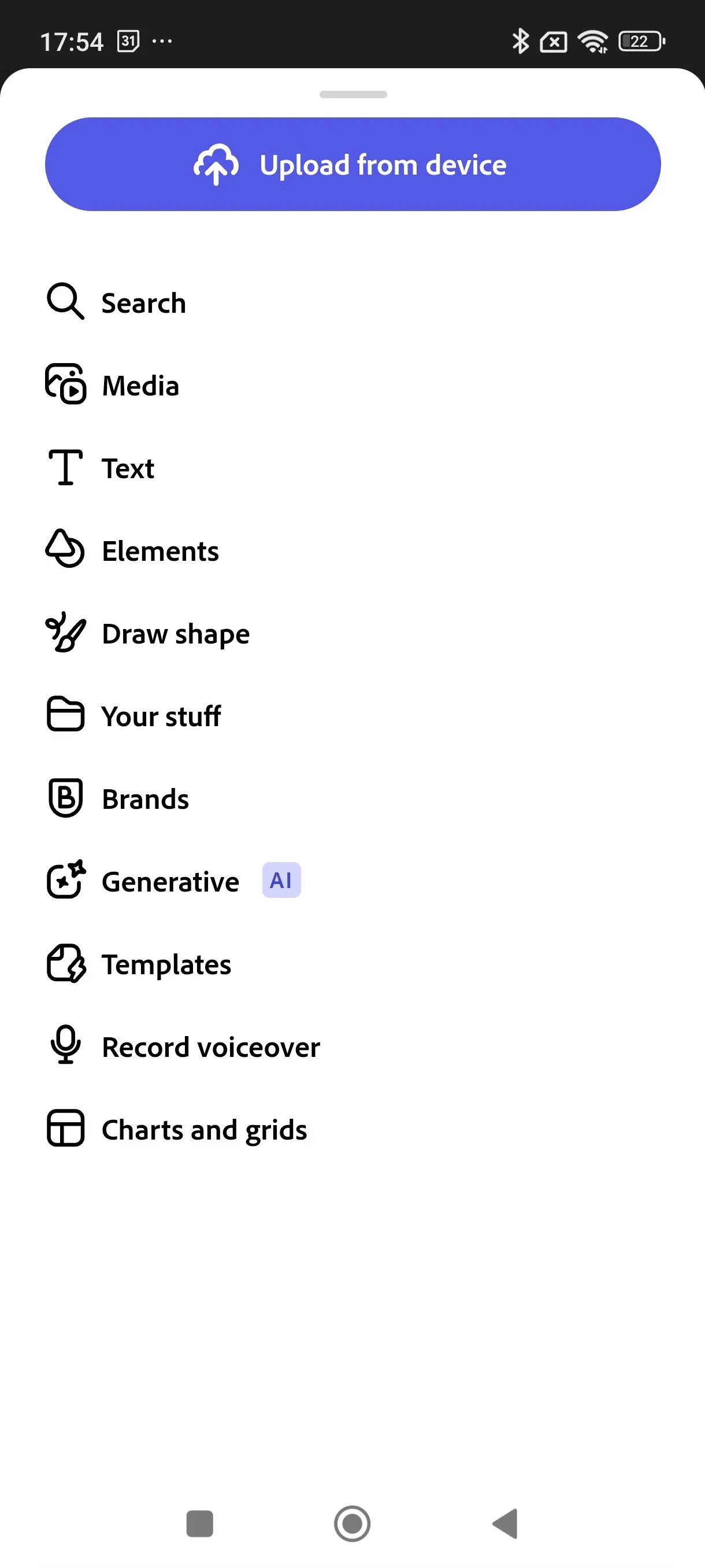 Thanh menu chính của ứng dụng Adobe Express trên di động, cho thấy không có bất kỳ tùy chọn nào liên quan đến Add-Ons, khẳng định việc Add-Ons hoàn toàn vắng mặt trên mobile.