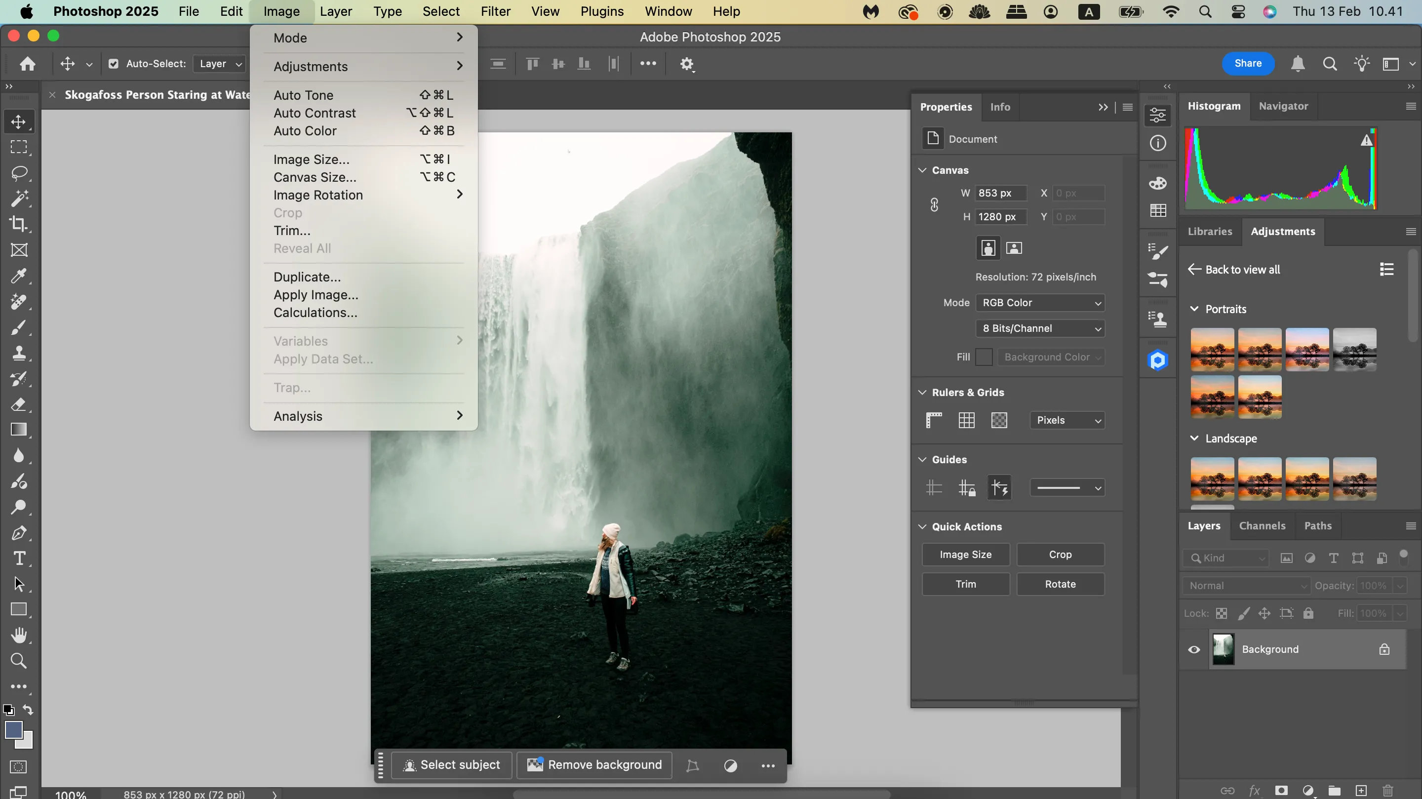 Thanh menu thả xuống các tùy chọn tự động tăng cường ảnh trong Photoshop