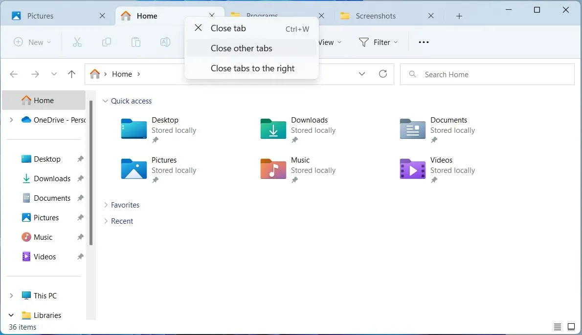Thanh menu trong File Explorer của Windows 11, hiển thị tùy chọn đóng các tab đang mở để quản lý tập tin hiệu quả.